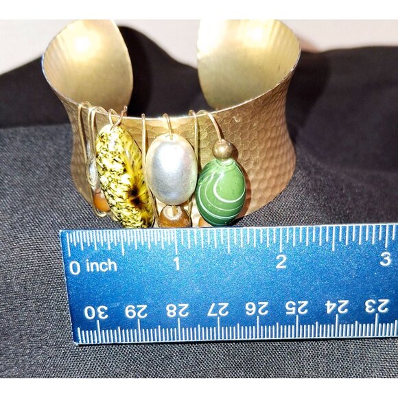 Hammered Gold-Tone Cuff Bracelet With Gemstone Bead Accents - Picture 5 of 6